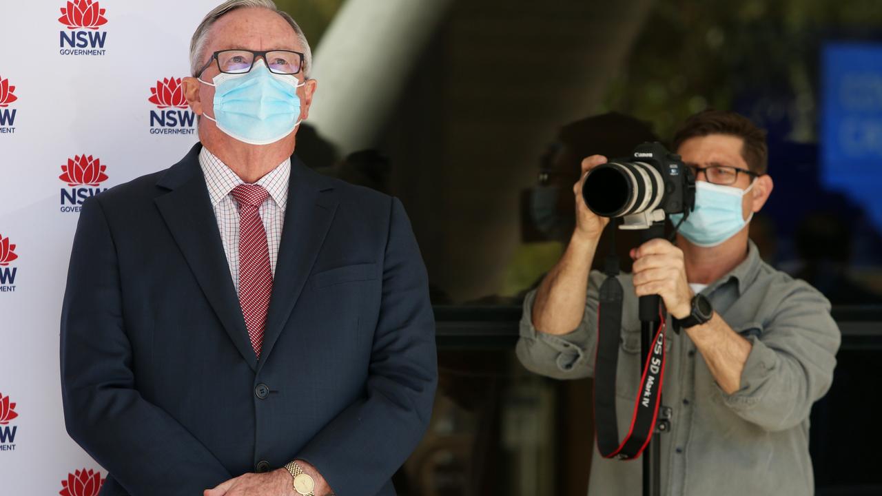 Brad Hazzard at the press conference on July 7 when he snapped at reporters who questioned him about the Pfizer school error. Picture: Lisa Maree Williams/Getty Images