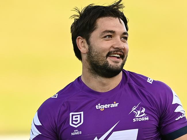 SUNSHINE COAST, AUSTRALIA - OCTOBER 08: Brandon Smith of the Storm looks on during a Melbourne Storm NRL training session at Sunshine Coast Stadium on October 08, 2020 in Sunshine Coast, Australia. (Photo by Quinn Rooney/Getty Images)