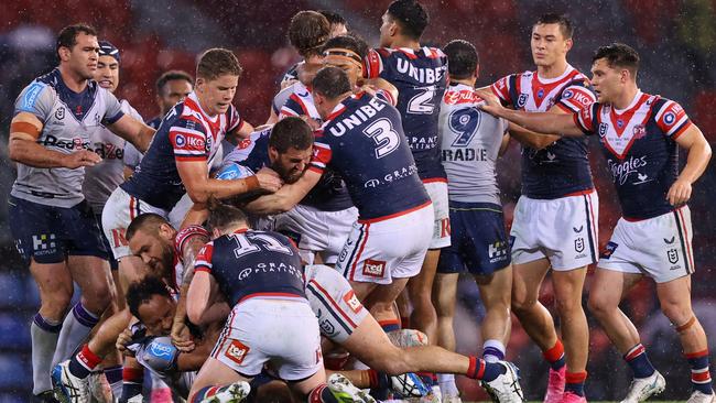 A brawl erupted after the hit. Picture: Ashley Feder/Getty Images