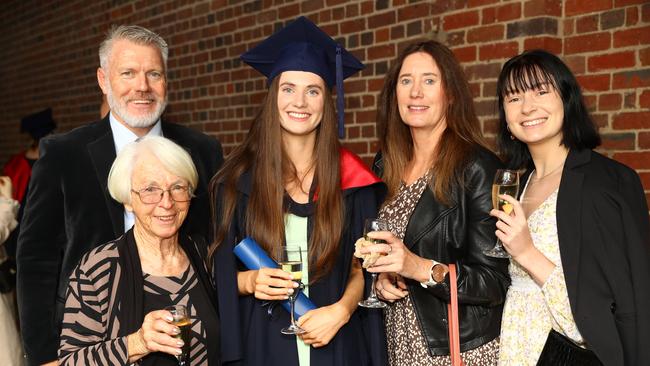 Graduate India Tanner with dad Matt Tanner, Grandma Shirley Tanner, mum Dianne Ashwell and friend Bethany Becker at the Deakin University Graduation post ceremony celebration. Picture: Alison Wynd