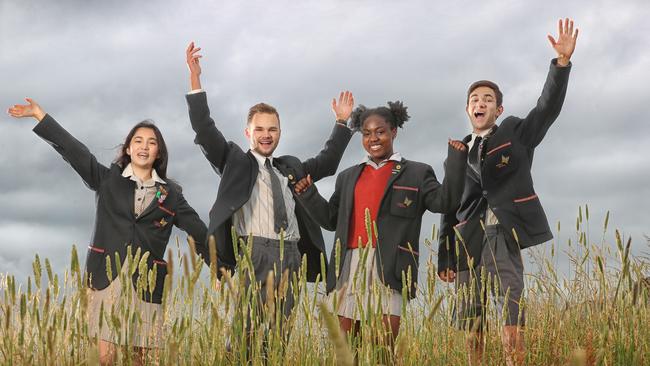 Nossal High students Shekinah Golden, Jack de Valle, Daniela Osafo-Kwaako and Leo Crnogorcevic celebrate their VCE results. Picture: Alex Coppel