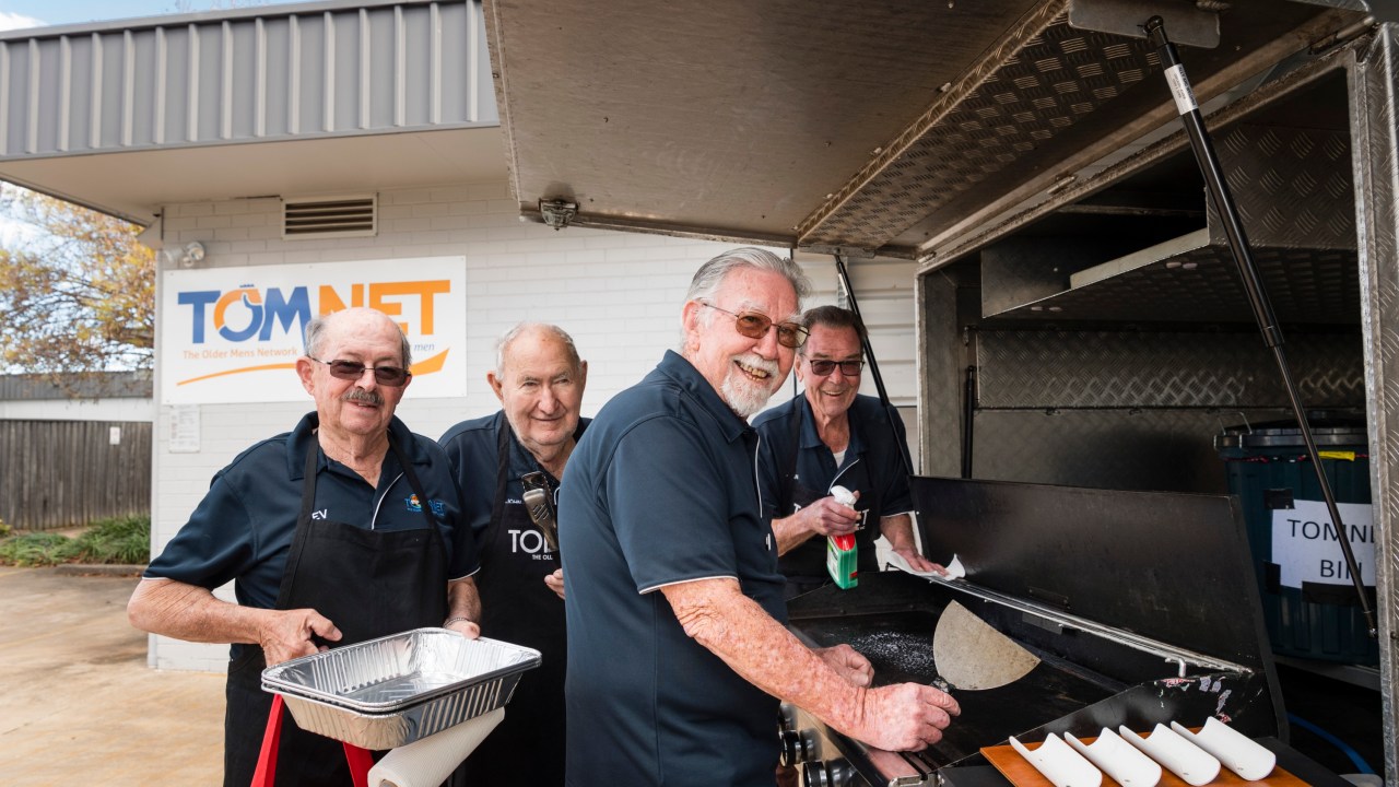 TOMNET members (from left) Nev Bambrick, John Slack-Smith, Jim Aulbury and Stan Carroll prepare the club barbecue trailer, Thursday, August 10, 2023. Picture: Kevin Farmer