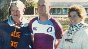 Rockhampton's Gavin Duffy, who played just under 50 games in the Q-Cup, with his father Dan and his mother Sue, who he said was his number one supporter.