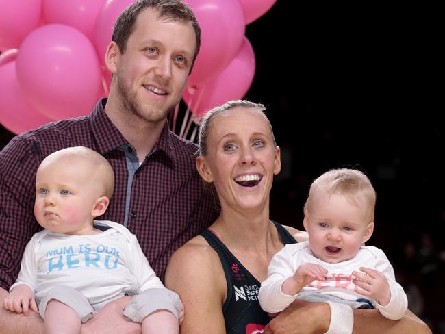 Renae Ingles with husband Joe and their twins Jacob and Milla when she retired in 2017. .