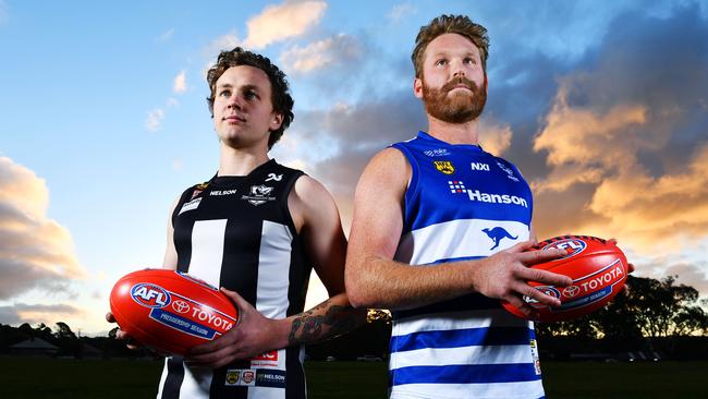 Hahndorf’s Cooper Nykamp and Mount Barker’s Ross Brooks will face off in the annual Hills Football League Anzac Day match. Picture: Mark Brake