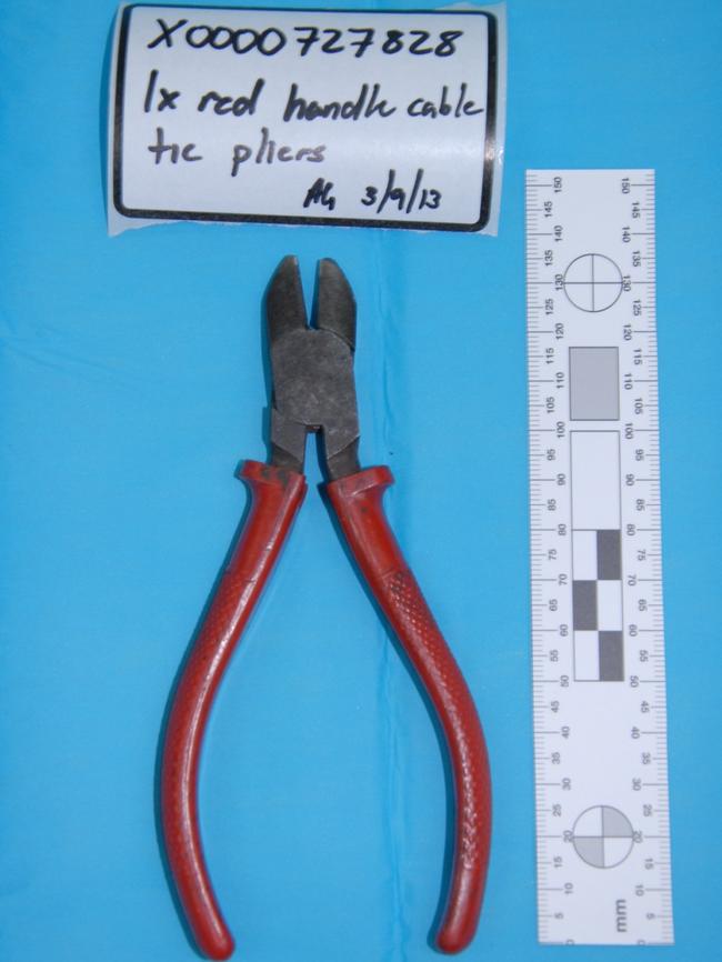 A pair of side cutters found by police during an attack on a senior Rebels member at the crime scene in Prospect. The victim cannot be identified.