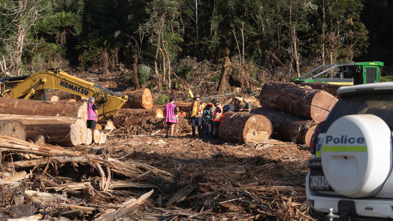 A Tasmanian police car on scene at the contentious logging coupe the site of an ongoing protest. Picture: Bob Brown Foundation