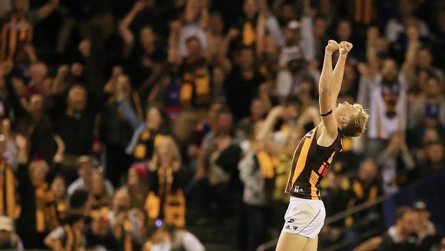 James Sicily celebrates after the siren in Round 3. Picture: Wayne Ludbey