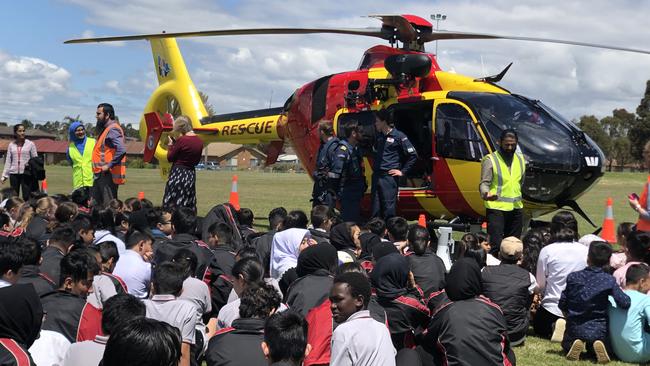 The Victorian Westpac Lifesaver Rescue Helicopter visited Noble Park English Language School and Hampton Park Secondary College students on Wednesday afternoon. Source: Lifesaving Victoria