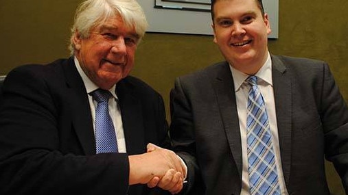 Dr Mal Hemmerling and Playford Mayor Glenn Docherty in 2015 after he was signed as the local authority's chief executive officer. Picture: Playford Council