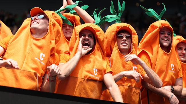 The Carota Boys stole the show at Sinner’s first match. (Photo by Julian Finney/Getty Images)