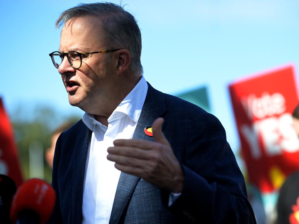 The Prime Minister, Anthony Albanese, is in Sydney today and joins the South Sydney Rabbitohs NRL team which has shown its support for the YES vote in the referendum. Picture: NCA NewsWire / Jeremy Piper