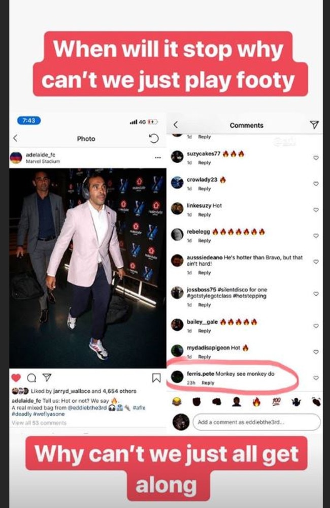 The offensive comment circled in red and Eddie Betts' response on his Instagram page.