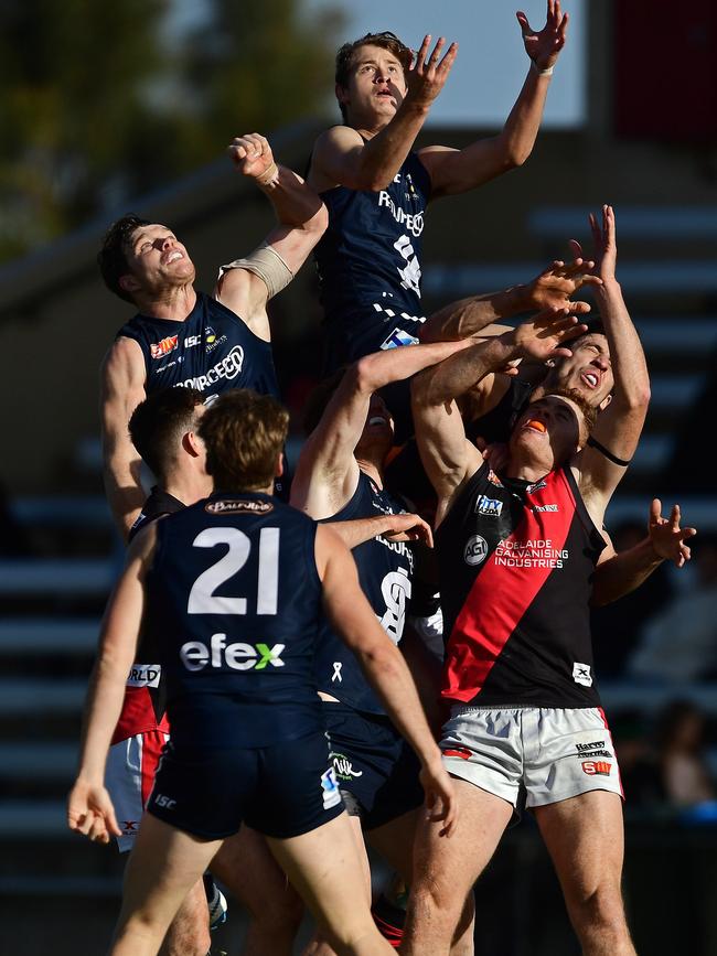 Nathan Kreuger flies high over the pack. One of the few times the Panthers were on top. Picture: Tom Huntley