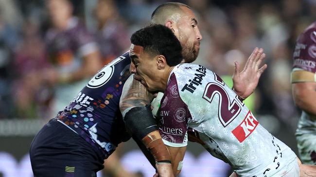 Lehi Hopoate got whacked by Nelson Asofa-Solomona in his debut. Picture: Cameron Spencer/Getty Images