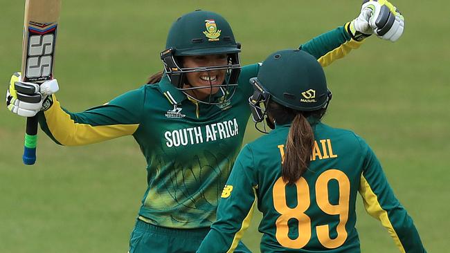 Shabnim Ismail and Sune Luus celebrate a thrilling win for Pakistan.