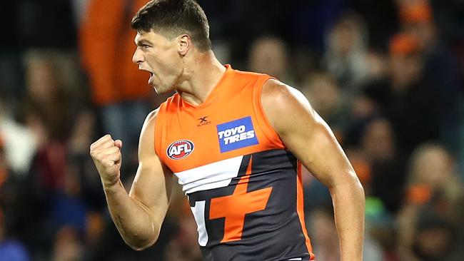 Jonathan Patton celebrates a goal against the Western Bulldogs.