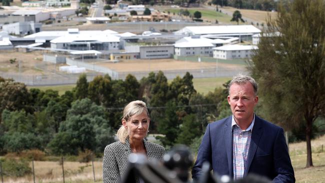 Justice Minister Elise Archer and Premier Will Hodgman speaking about plans for a prison based in the North of the state. Picture: LUKE BOWDEN