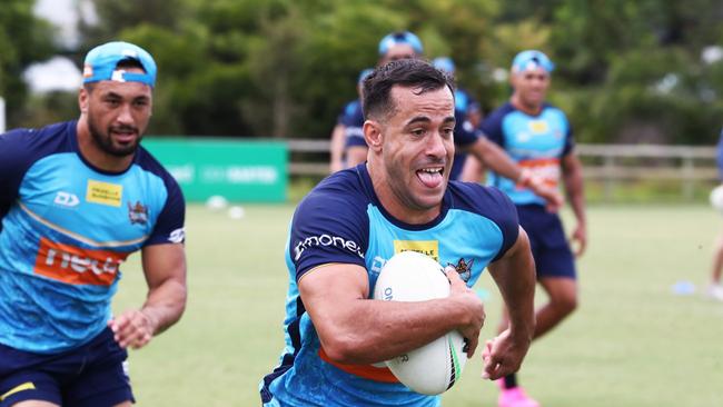 Corey Thompson in action during a Gold Coast Titans Rugby League Training Session at Parkwood. Photograph : Jason O'Brien