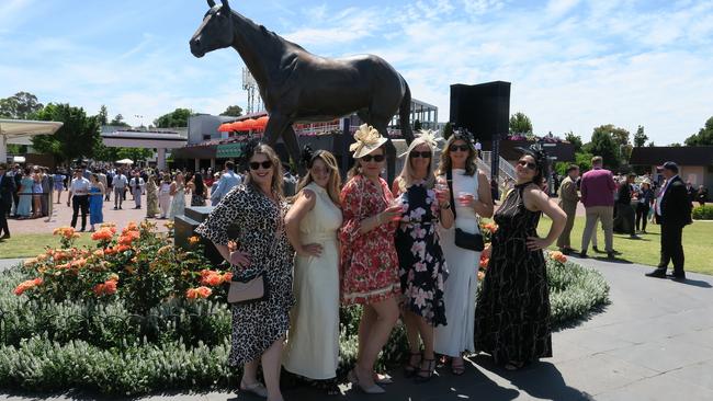 Anna, Lieza, Mel, Tracey, Rebecca and Sharon at the 2024 Crown Oaks Day, held at Flemington Racecourse. Picture: Gemma Scerri