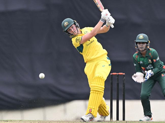 Australiaâs Annabel Sutherland (L) plays a shot during the first one-day international (ODI) cricket match between Bangladesh and Australia at Sher-e-Bangla National Cricket Stadium in Dhaka on March 21, 2024. (Photo by MUNIR UZ ZAMAN / AFP)