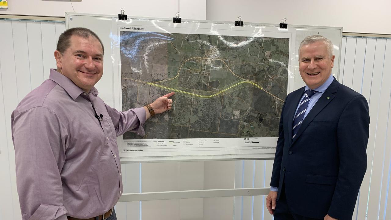 (L) Wide Bay MP Llew O'Brien and Deputy Prime Minister Michael McCormack show off a design for the Tiaro Bypass on the Bruce Highway. Photo: Stuart Fast