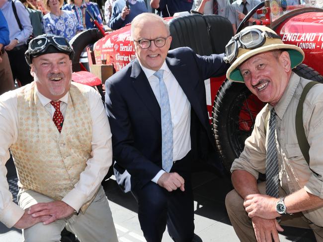 MELBOURNE, AUSTRALIA- NewsWire Photos JANUARY 31, 2025: Warren Brown and Matthew Benns from The Daily Telegraph arriving in Melbourne after recreating Francis Birtles' 1927 journey from London to Melbourne in the Bean open-top sports car. They were met by Prime Minister Anthony ALbanese. NewsWire/ David Crosling