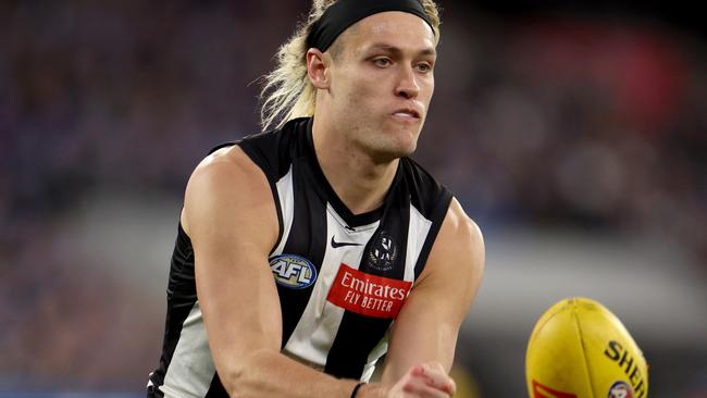 Questions are being asked of Collingwood captain Darcy Moore. Picture: Jonathan DiMaggio/Getty Images