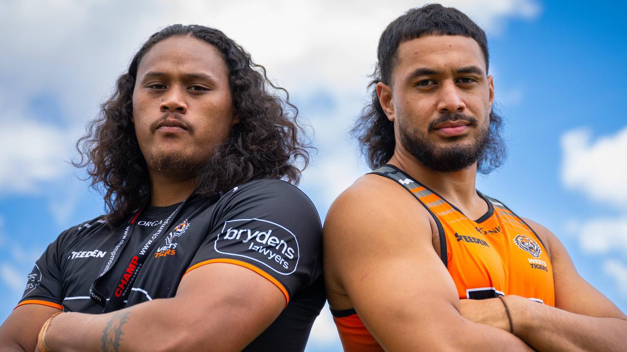 SYDNEY, AUSTRALIA - NewsWire Photos March 15, 2021: Luciano Leilua and Kelma Tuilagi of the Wests Tigers pose for a portrait at St Lukes Park, Concord, Sydney. Picture: NCA NewsWire / James Gourley