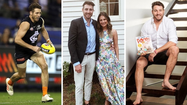 Dale Thomas during his playing career at Carlton and more recently with partner Natasha Bongiorno and promoting his book.