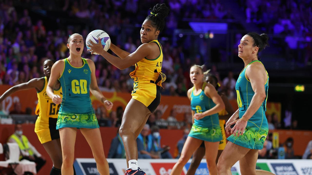 Adean Thomas of Team Jamaica wins the ball in front of Ashleigh Brazill