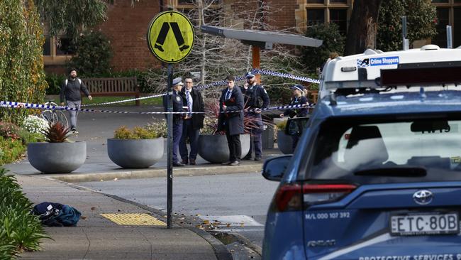 Police at the scene of a stabbing on the grounds of Sydney University at Camperdown. Picture: Richard Dobson