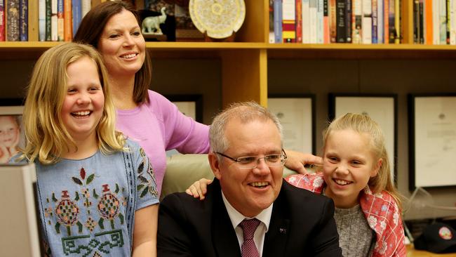 PM Scott Morrison with his wife Jenny and daughters Lily and Abbey. Picture: Kym Smith