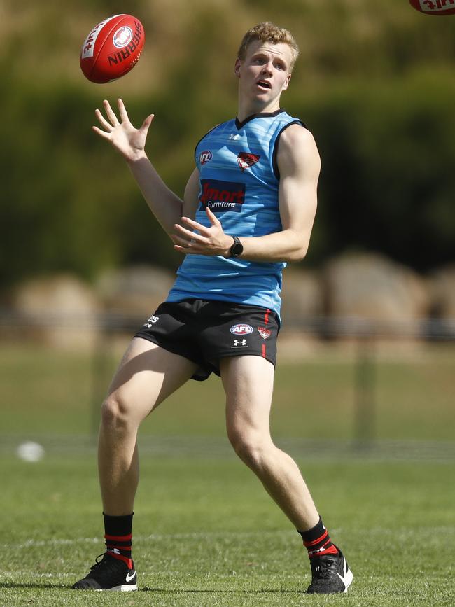 Cody Brand gets involved at Essendon training. Picture: Daniel Pockett