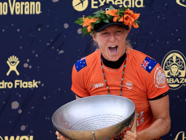 Gilmore reacts after finishing first place in the Ripcurl WSL Finals at Lower Trestles. Picture: Sean M. Haffey/Getty Images/AFP