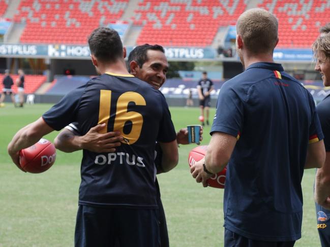 Eddie Betts with former teammates  Luke Brown and Rory Sloane before the Carlton v Adelaide AFL Round 17 game at Metricon Stadium on Sunday, September 13, 2020. Picture: Adelaide Football Club.