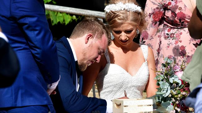 A blissful ending: Jason Lindsley and Sarah Lake married yesterday, marking a new chapter in the life of a couple who has been through so much. Picture: Bianca De Marchi