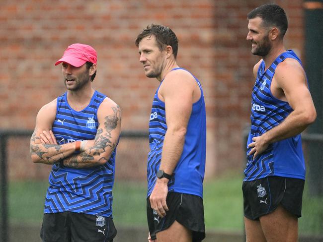 Noth Melbourne recruits Caleb Daniel, Jack Darling and Luke Parker are all set for major milestones in 2025. Picture: Quinn Rooney/Getty Images