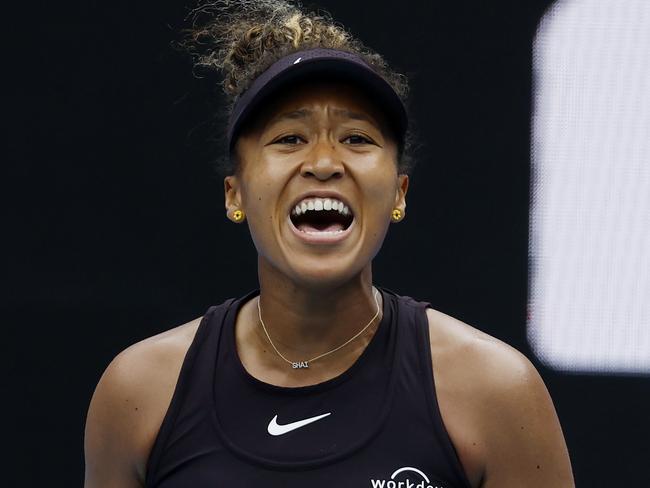 NCA. MELBOURNE, AUSTRALIA. 15th January 2025.   Day 4 Australian Open Tennis at Melbourne Park.   Naomi Osaka vs Karolâna Muchovâ¡ on KIA Arena.  Naomi Osaka celebrates breaking serve late in the 3rd set   .  Picture: Michael Klein