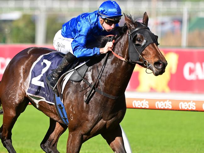 MELBOURNE, AUSTRALIA - JUNE 24: Blake Shinn riding Va Via winning Race 3, the Marshall White Handicap, during Melbourne Racing at Caulfield Racecourse on June 24, 2023 in Melbourne, Australia. (Photo by Vince Caligiuri/Getty Images)