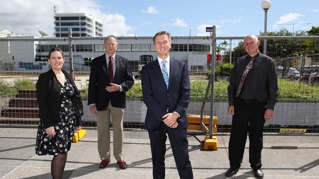 CQUniversity is planning to build a new $50 million Cairns campus, with the assistance of the federal government, on the old post office site on the corner of Hartley and Grafton Street. CQU Associate Vice President Jodie Duignan-George, Emeritus Chancellor Stanley Jones AO, CQU Professor and President Nick Klomp and Emeritus Professor Scott Bowman. Picture: Brendan Radke