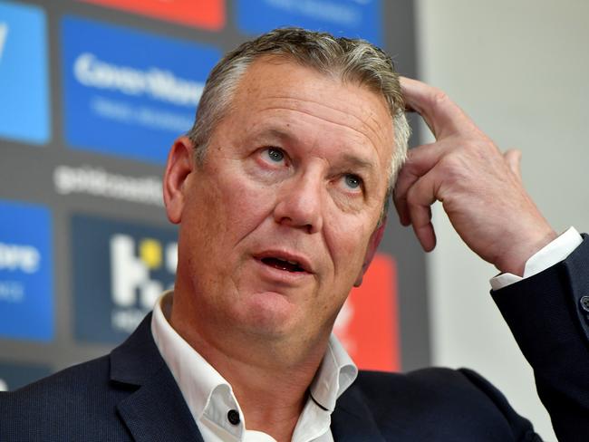 Gold Coast Suns Chief Executive, Mark Evans is seen during a press conference at Metricon Stadium on the Gold Coast, Friday, August 3, 2018. The Suns captain Tom Lynch has told the club that he wants to leave the team and join a Melbourne based AFL club. (AAP Image/Darren England) NO ARCHIVING