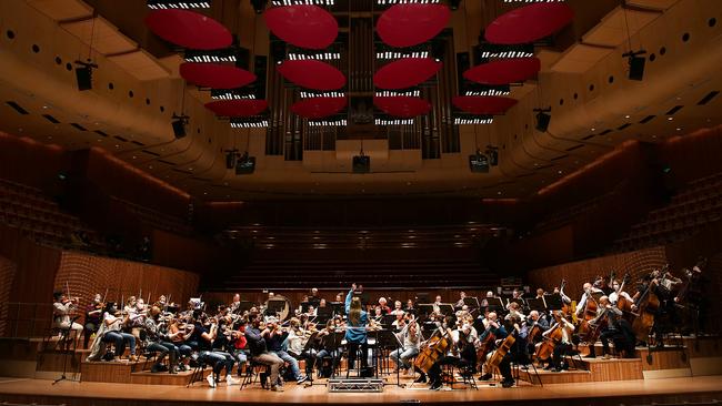 Simone Young and the Sydney Symphony Orchestra at an acoustic test in the refurbished Concert Hall, Sydney Opera House. Picture: Jane Dempster