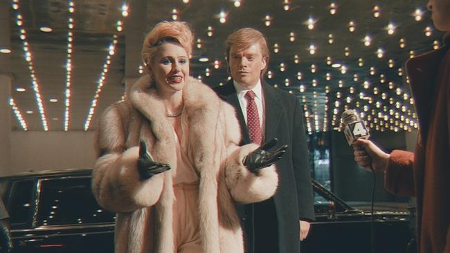 Sebastian Stan as Donald Trump and Maria Bakalova as Ivana Trump in The Apprentice.