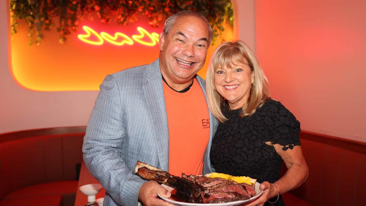 Gold Coast Mayor Tom Tate and Deputy Mayor Donna Gates show of the menu item in his name - the “Tommy Hawk”, a 1.5kg serving of tomahawk staeak - at the JUJU Restaurant and Bar launch party at Mermaid Beach. Picture: Portia Large. DISCLAIMER: JUJU is a client of Portia Large’s PR firm LMPR.