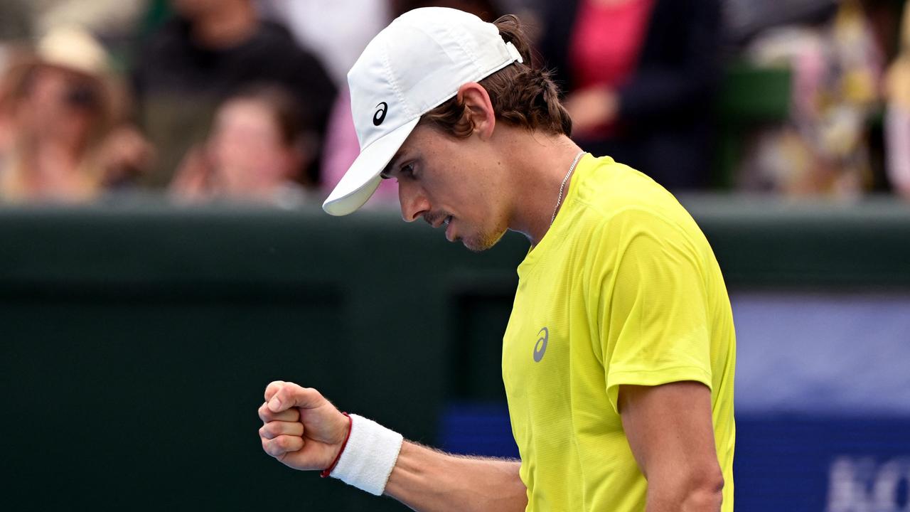 Alex de Minaur reacts after a point against Austria's Dominic Thiem during their singles match at the Kooyong Classic.