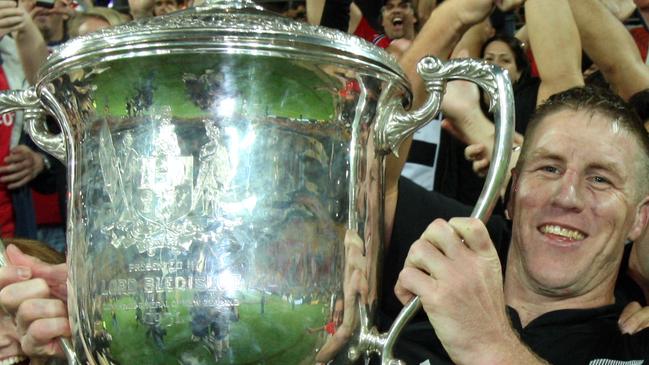 Brad Thorn of the All Blacks celebrates winning the Bledisloe Cup Rugby Union match played between Australia and the All Blacks played at Suncorp Stadium in Brisbane.