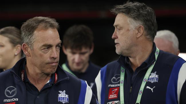 MELBOURNE, AUSTRALIA - AUGUST 18: Alastair Clarkson, Senior Coach of the Kangaroos (L) looks on along side Todd Viney, assistant coach of the Kangaroos during the round 23 AFL match between Western Bulldogs and North Melbourne Kangaroos at Marvel Stadium, on August 18, 2024, in Melbourne, Australia. (Photo by Daniel Pockett/Getty Images)