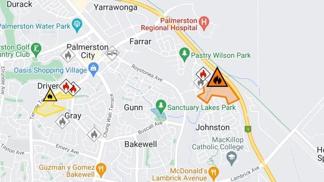 Alerts have been issued for bushfires in Gray and in Johnston. Picture: NT Fire Incident Maps