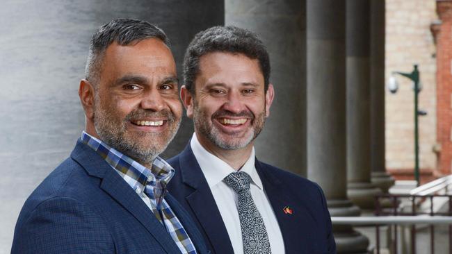 Dale Agius, South Australia’s first Commissioner for First Nations Voice, left, at Parliament House with Aboriginal Affairs Minister Kyam Maher. Picture: Brenton Edwards